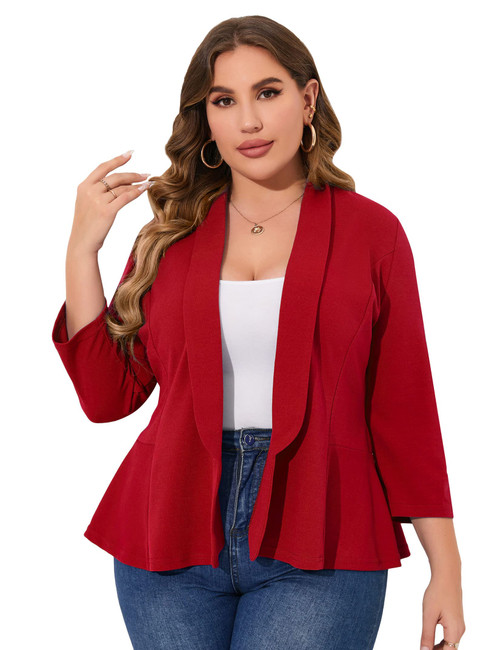 KOJOOIN Women Plus Size Casual Blazer Open Front Long Sleeve Work Office Cardigan Jackets Red 3XL