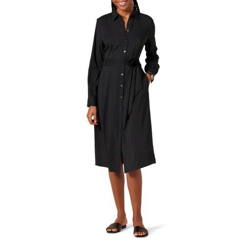 Amazon Essentials Women's Georgette Long Sleeve Midi Length Shirt Dress, Black, Large