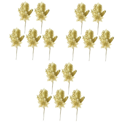 Abaodam 15 Pcs Cuttings Artificial Christmas Leaves Glitter Berry Stems Glitter Christmas Floral Picks Christmas Berry Stems Christmas Picks and Sprays Plastic Christmas Tree Gold Powder