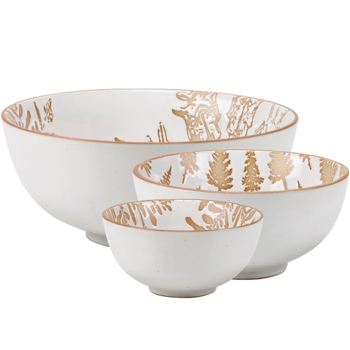 Primitives by Kathy - durable stoneware bowl set, featuring winter theme, bowls nest inside each other for easy storing.