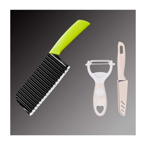 French Fry Cutter 3 Pieces Crinkle Potato Vegetable Cutters, Stainless Steel Wavy Slicer Crinkle Cutter with Peeler and Fruit Knife, Home Kitchen Cutting Tool Chopping Knife Potato Fry Cutter (Color