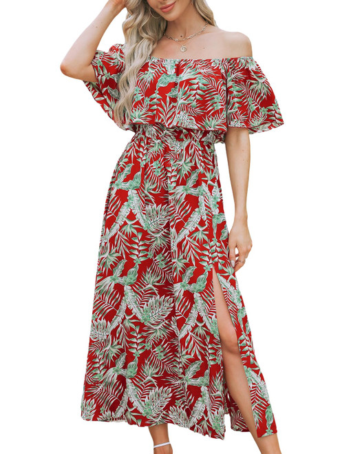 CUPSHE Women's Dresses for Summer A Line Off Shoulder Ruffle Maxi Tropical Printed Dress Red Leaf, L