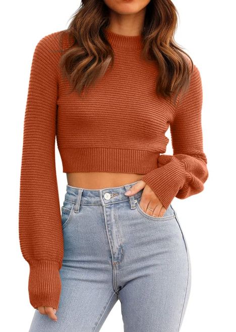 Womens Sexy Long Sleeve Cropped Sweaters Crewneck Ribbed Knit Crop Tops Pullover Orange