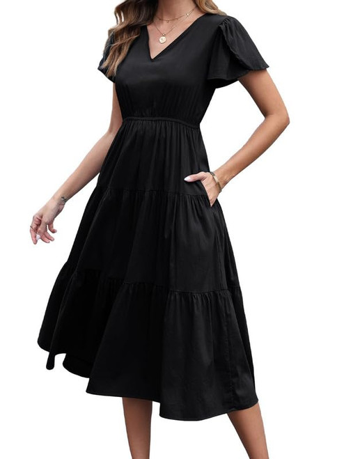 Dokotoo Womens Summer Dresses 2024 Casual Bell Sleeve Midi Dress Ruffle Tiered A Line Flowy Dress with Pockets Sexy V Neck High Waist Vintage Black Dress XX-Large