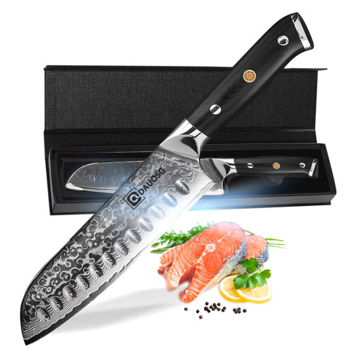 Santoku Chef's Knife 7 Inch Multifunction Kitchen Knives Damascus Stainless Steel & Ergonomic Fiberglass G10 Handle
