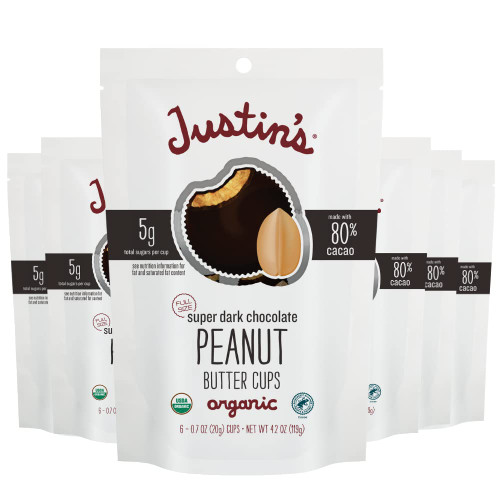 JUSTIN'S Organic Super Dark Chocolate Peanut Butter Cups, 4.2 Ounce Bag (6 Pack)
