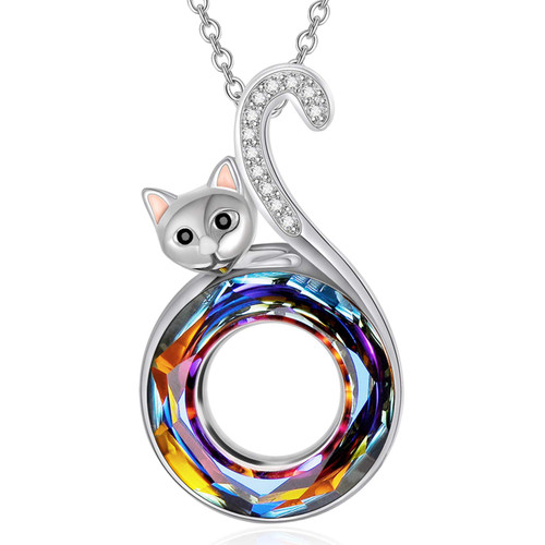 AOBOCO Cat Necklace Sterling Silver Kitty Pendant Embellished with Circle Crystals from Austria, Cat Gifts for Cat Lovers, Anniversary Birthday Cat Jewelry for Daughter Girlfriend Wife Mom(Volcano) AOBOCO Cat Necklace Sterling Silver Kitty Pendant Embellished with Circle Crystals from Austria, Cat Gifts for Cat Lovers, Anniversary Birthday Cat Jewelry for Daughter Girlfriend Wife Mom(Volcano)
