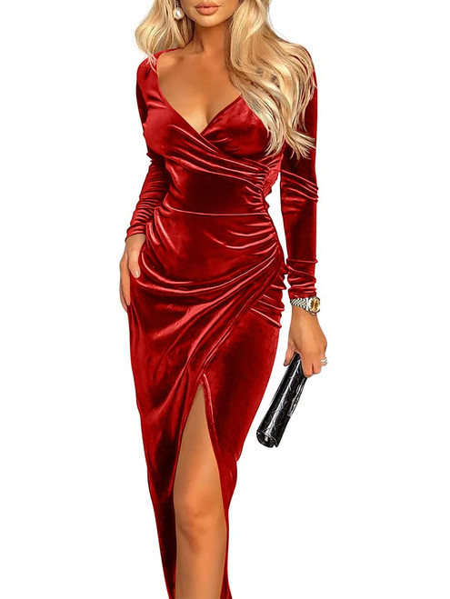 ZileZile Women's Sexy Long Sleeve Ruched Dress Velvet V Neck Cocktail Party Evening Club Maxi Dress Red ZileZile Women's Sexy Long Sleeve Ruched Dress Velvet V Neck Cocktail Party Evening Club Maxi Dress Red