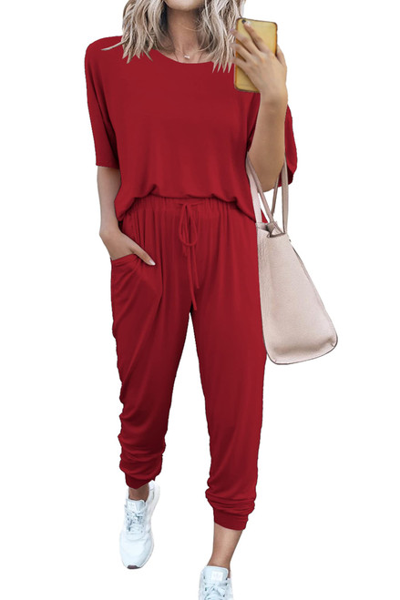 PRETTYGARDEN Women's Two Piece Outfit Short Sleeve Pullover with Drawstring Long Pants Tracksuit Jogger Set (Red,Large)