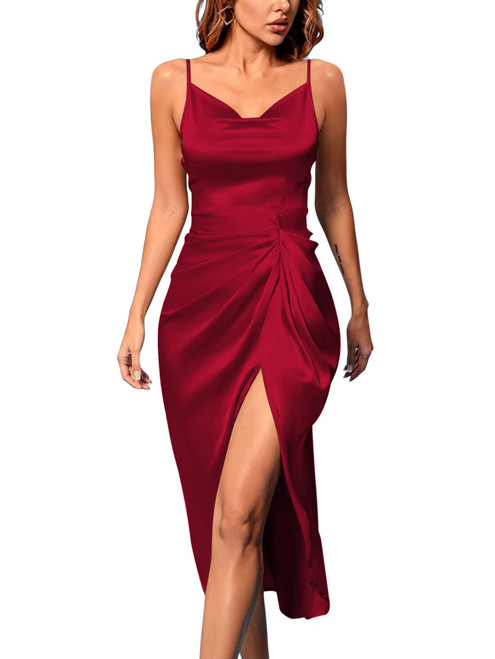 LYANER Women's Satin Cowl Neck Sleeveless Split Ruch Strap Sexy Cocktail Midi Dress Dark Red X-Large