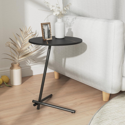 LovingAHome C Shape Marble Side Table, Round Marble End Table with Metal Frame and Anti-Slip Pad, Small C Shape Side Table for Living Room/Bedroom/Balcony/Office/Studio,Easy Assemble(Black)