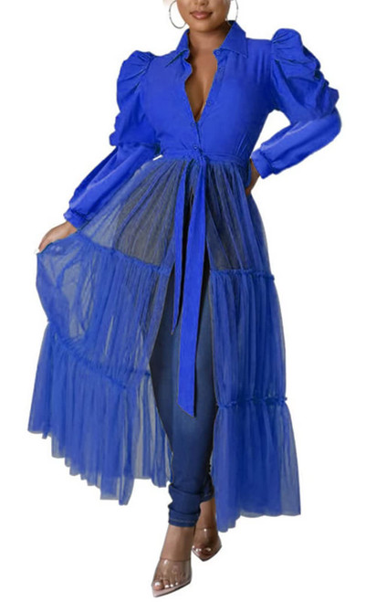 Solid Shirt Tunic Sheer Mesh Flared Maxi Dresses for Women Work Office Long Sleeve Button Down Dress with Bandage Royal Blue XL