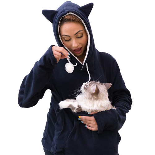 KangaKitty Cat Pouch Hoodie | Cat Hoodie with Ears | Cat Sweatshirt or Small Dog Pouch Hoodie Womens Sweatshirt Pullover Sweatshirt Kangaroo Hoodie Wearable Cat Carrier (Large) Blue