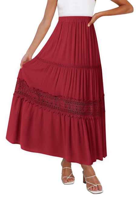 MEROKEETY Women's Boho Elastic High Waist Pleated A-line Ruffle Lace Trim Tiered Midi Maxi Skirt with Pockets,Red,M