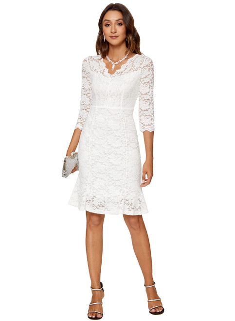 Atnlewhi Womens 3/4 Sleeve Lace Cocktail Dresses Party Wedding Guest V Neck Formal Evening Bodycon Ruffle Dress White