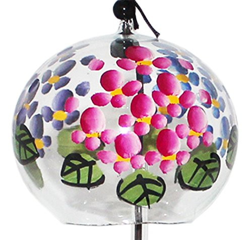 NIHON ICHIBAN Japanese Handmade Glass Wind Chime with Paintings of Hortensia Flowers in 3 Colors