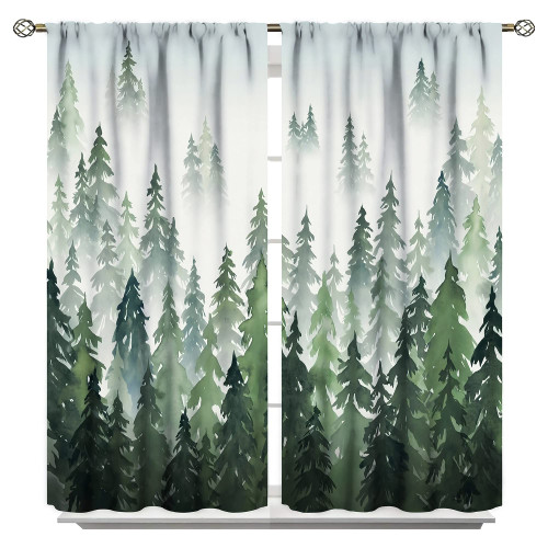 Green Forest Curtains Green Watercolor Forest Tree Silhouette Nature Landscape Printed Living Room Bedroom Window Drapes 42x63inch(107x160cm)