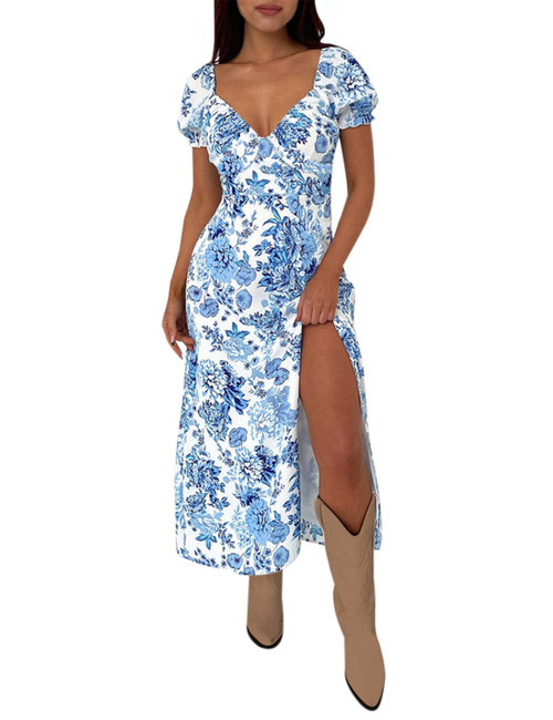 SPRIME Women's Summer Casual Dress V Neck Short Puff Sleeve Midi Dresses Floral Print High Waist Split Thigh A-Line Dress