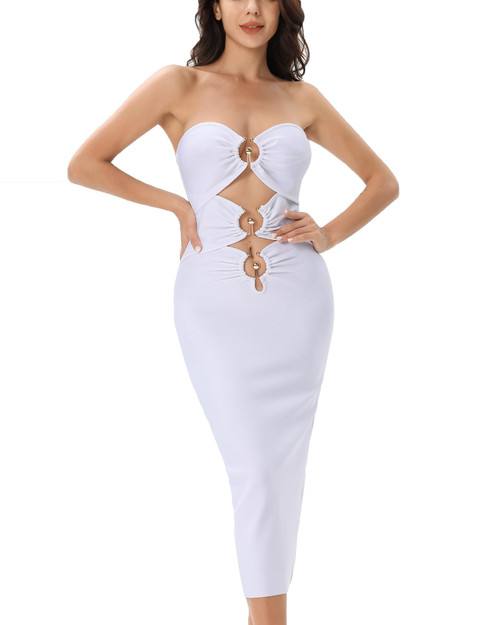 baicpo Women's Sexy Strapless Cut Out Tube Ruched Bodycon Stretchy Bandage Midi Split Night Club Party Cocktail Dress White baicpo Women's Sexy Strapless Cut Out Tube Ruched Bodycon Stretchy Bandage Midi Split Night Club Party Cocktail Dress White