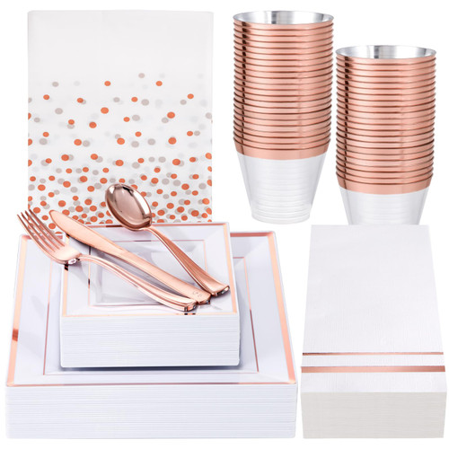 Festiva 176Pcs Rose Gold Disposable Plates-Rose Gold Square Plastic Plates - Rose Gold Plates and Napkins Party Supplies -Pink Plastic Plates for 25Guests for Party&Weeding&Mother's Day&Easter
