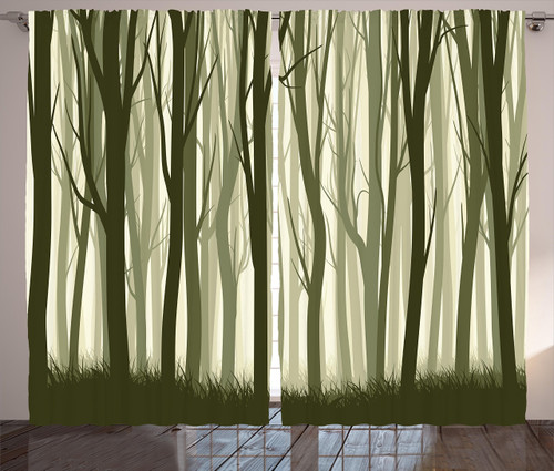 Ambesonne Tree Curtains, Mother Nature Theme Illustration of Forest Trees Print, Living Room Bedroom Window Drapes 2 Panel Set, 108" X 63", Army Green