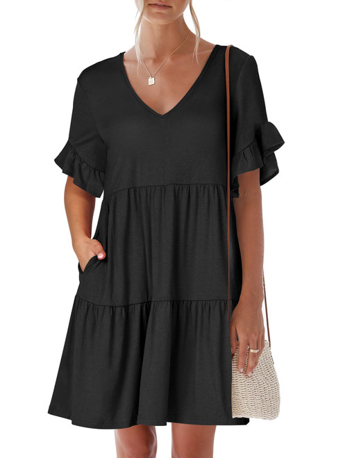 ANRABESS Dresses for Women 2024 Summer Trendy V Neck Ruffle Short Sleeve A Line Tiered Babydoll Mini Dress Spring Casual Cute Flowy Knee Length Vacation Beach Dress with Pockets A747 heise L Black