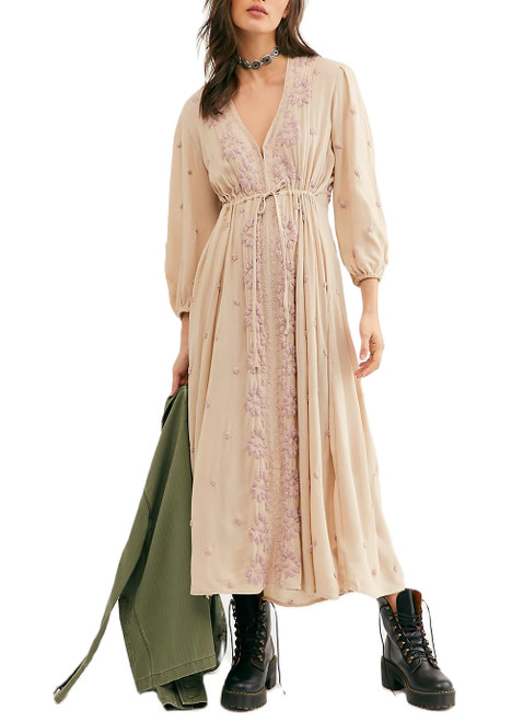 Women Boho Embroidery Maxi Dress Floral Flowy Tiered Long Dress with Puff Sleeve V Neck Swing Casual Sundress