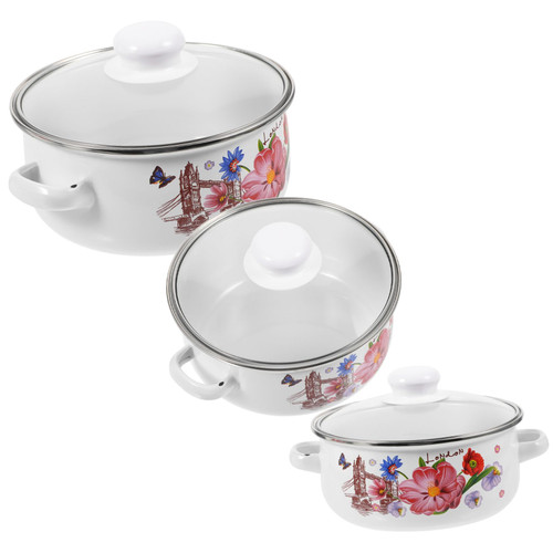 MUCKLILY 3pcs Enamel Stockpot Enamel Cookware Soup Casserole Two Handle Cooking Pot Enamel Pot Enamelware Pot Pots and Pans Enamel Plates Pot with Lid Salad Induction Cooker