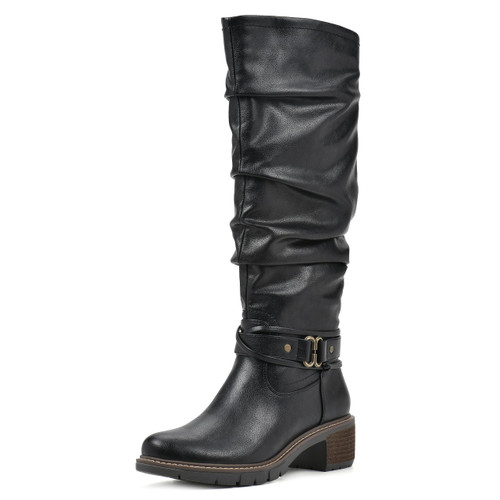 WHITE MOUNTAIN Women's Shoes Crammers Stack-Heeled Tall Boot, Black/Burn/Smooth, 8.5 M