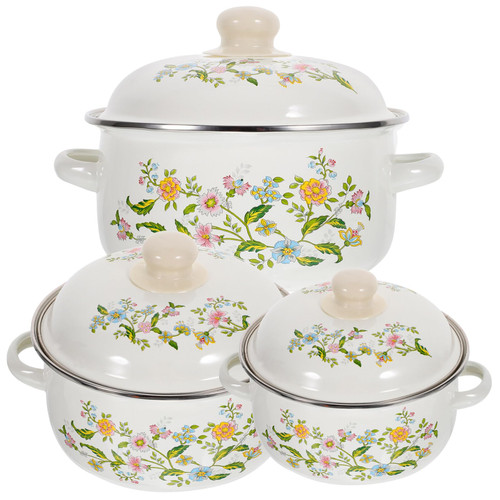 Zerodeko Vintage Enamel Stock Pot with Lid, 3pcs Retro Flower Soup Pot Stew Bean Cooking Pots Flat Bottom Stew Pot Pasta Noodle Pot with Dural Handle for Home Kitchen