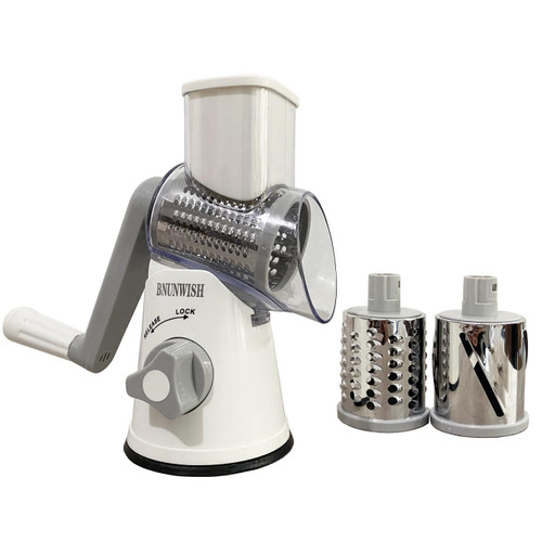 BNUNWISH Handheld Rotary Cheese Grater Shredder- 3 Interchangeable Drum Blades Cheese Grater Vegetable Slicer Nut Grinder, White