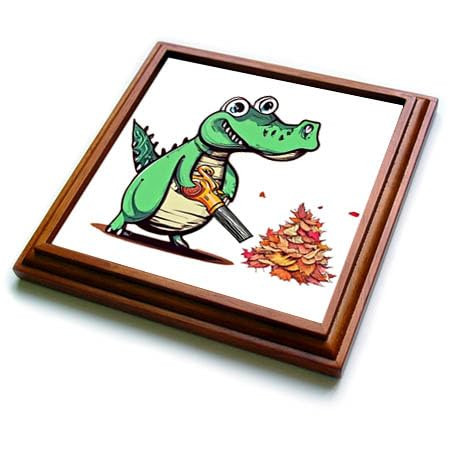 3dRose Cute Cool Colorful Alligator Using Leaf Blower Blower Fall Leaves - Trivets (trv-385343-1)