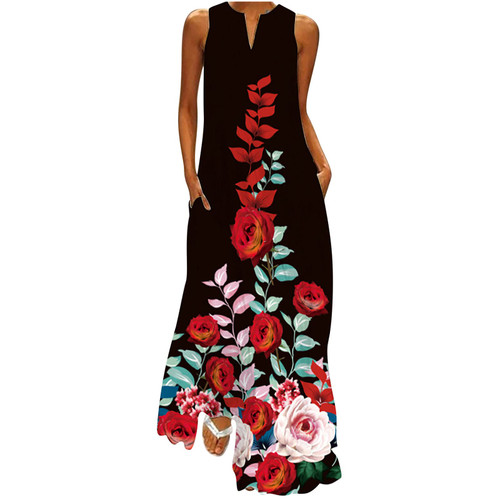 FAVIPT Tiktok 2024 Tank Maxi Dresses for Women 2024 Summer Boho Print V Neck Sleeveless V Neck Sundress Loose Casual Flowy Long Dresses