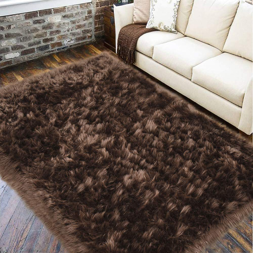 LOCHAS Soft Fluffy Brown Faux Fur Rugs for Bedroom Bedside Rug 3x5 Feet, Washable, Furry Sheepskin Area Rug for Living Room Girls Room, Luxury Shag Carpet Home Decor