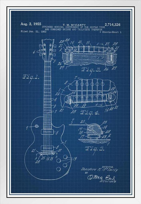 Electric Guitar 1955 Official Patent Office Blueprint Diagram 6 String Guitar Stringed Instrument Music Musician Rock Roll Band White Wood Framed Art Poster 14x20