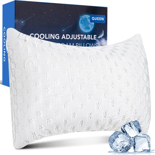 KUCEY Cooling Bed Pillows for Sleeping Shredded Memory Foam Adjustable Cool Rayon Derived from Bamboo Pillow for Side Back Stomach Sleepers -Luxury Gel Queen Size with Washable Removable Cover