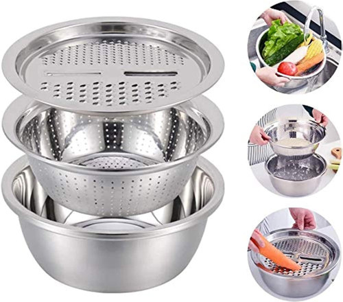 Germany Multifunctional Stainless Steel Basin | Multifunctional Stainless Steel Grater Basin 3 In 1 Colanders Basin | Graters Cheese Grater Drain Basin Vegetable Cutter (28CM)