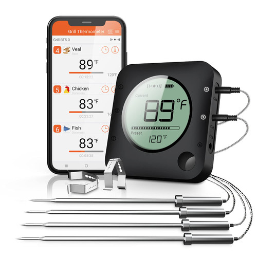 BFOUR Wireless Grill Thermometer, Bluetooth Meat Thermometer, Digital BBQ Meat Thermometer for Grilling Smoker Oven, Smart APP Alarm Monitor Instant Read with 4 Stainless Steel Probes BFOUR Wireless Grill Thermometer, Bluetooth Meat Thermometer, Digital BBQ Meat Thermometer for Grilling Smoker Oven, Smart APP Alarm Monitor Instant Read with 4 Stainless Steel Probes