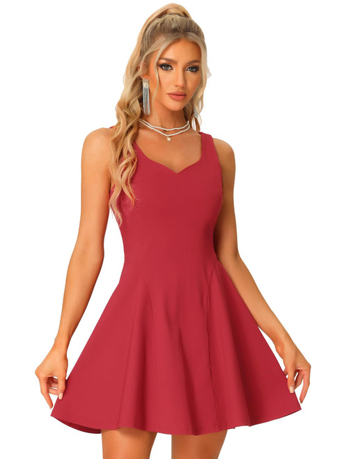 Allegra K Women's Party Sexy Dress Sleeveless Sweetheart Neck Fit and Flare A Line Cocktail St. Patrick's Day Mini Dresses X-Small Wine Red