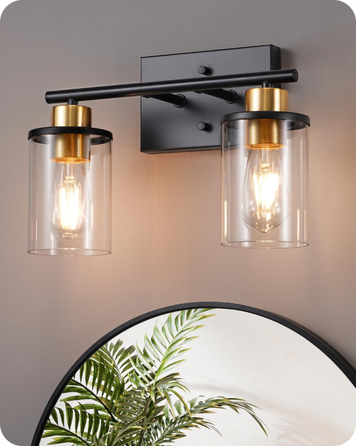 EDISHINE Bathroom Light Fixtures, 2-Light Modern Bathroom Vanity Lights Over Mirror, Bath Wall Sconce Lamp with Clear Glass Shade for Powder Room, Vanity Table, Mirror, Kitchen Black and Gold EDISHINE Bathroom Light Fixtures, 2-Light Modern Bathroom Vanity Lights Over Mirror, Bath Wall Sconce Lamp with Clear Glass Shade for Powder Room, Vanity Table, Mirror, Kitchen Black and Gold