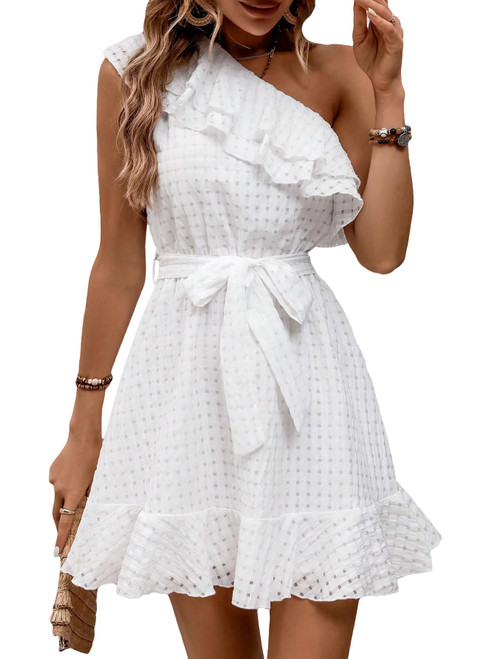 MakeMeChic Women's One Shoulder Ruffle Belted Mini Dress Sleeveless High Waisted Summer A Line Dress White Medium