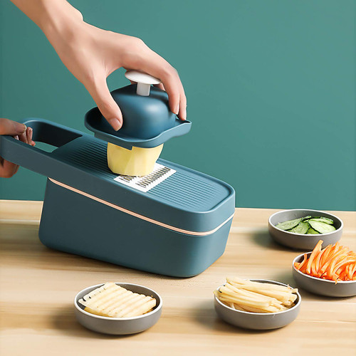 Yizc Vegetable Chopper,Manual Food Chooper for Cheese Fruit Tomato Potato,Multifunctional Onion Mincer Chopper Dicer Cutter Kitchen Mandoline Slicer with Container and 4 Blades-Blue 28x12cm(11x5inch)