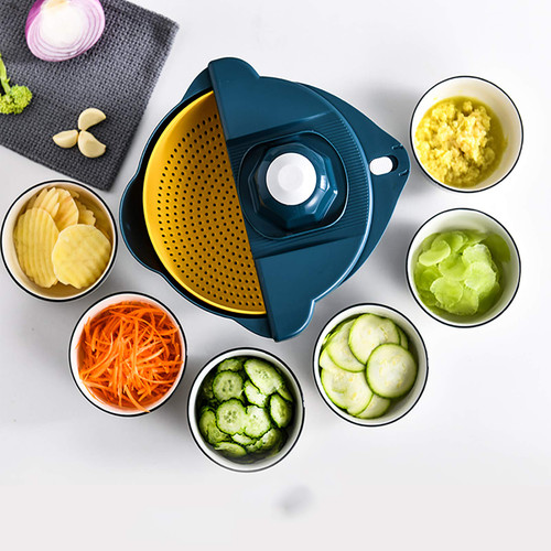 Adjustable Onion Mincer Chopper Multifunctional Vegetable Slicer Cutter with Container and 6 Blades,Vegetable Chopper,Mandoline Slicer Food Chopper for Fruit Tomato Potato Carrot-Blue 28x13cm(11x5inch