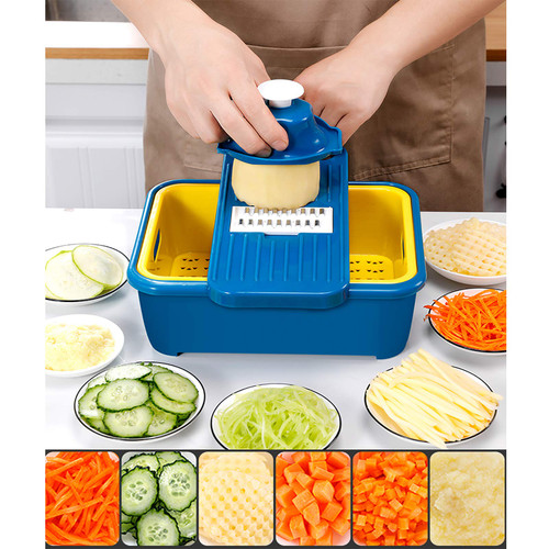 Food Chopper for Garlic Cabbage Carrot Tomato Fruit,Manual Vegetable Chopper,Kitchen Onion Mincer Chopper Dicer Multifunctional Mandoline Slicer Food Potato Cutter with Container-Blue 24x20x9cm(9x8x3.