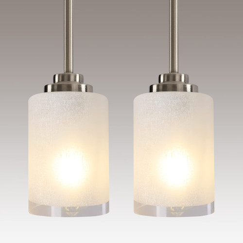Apsekoka 2-Pack Mini Pendant Light Fixtures, Modern Indoor Adjustable Height Pendant Lighting for Kitchen Island, Brushed Nickel Pendant Lights with White Linen Frosted and Clear Glass Shades