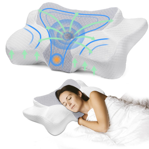 Greeze Neck Pillow, Cervical Pillow for Neck Pain Relief, Memory Foam Pillows for Sleeping, Adjustable Ergonomic Cervical Pillow, Cooling Pillow for Side, Back and Stomach Sleepers, Light Grey