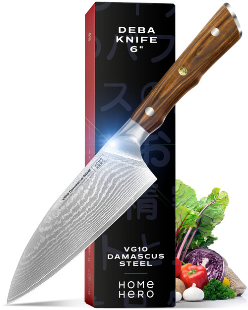 Home Hero 2 Pcs Japanese Knife Collection with Sheath - VG10 Damascus Steel Triple Rivet Kitchen Knife - Ultra Sharp 67 Layers Damascus Knife with Ergonomic Rosewood Handle (6 Inch Deba Knife)