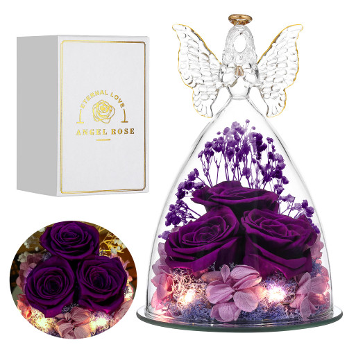 Tiaronics Mothers Day Rose Gifts for Her, Glass Angel Figurine with Three Roses Gifts,Preserved Forever Real Rose Gifts for Women, Angel Guardian with Rose Flower Gift, Full Purple Tiaronics Mothers Day Rose Gifts for Her, Glass Angel Figurine with Three Roses Gifts,Preserved Forever Real Rose Gifts for Women, Angel Guardian with Rose Flower Gift, Full Purple