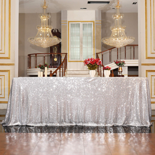 PartyDelight Sequin Tablecloth, Wedding, Table Topper, Rectangular, 90"x132", Silver