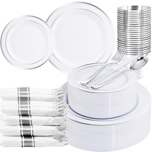 WELLIFE 210 Piece Silver Plastic Dinnerware Set for 30 Guests, Plastic Plates for Party, Include: 30 Dinner Plates, 30 Dessert Plates, 30 Pre Rolled Napkins with Silver Silverware and 30 Cups